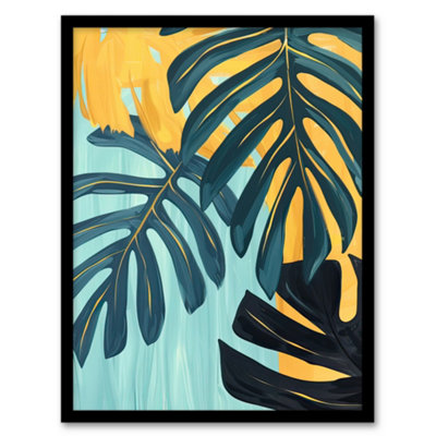 Artery8 Monstera Deliciosa Leaves Teal Yellow Painting Wall Art PrintA4 Size from B&Q