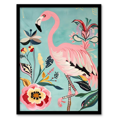Artery8 Flamingo Bird And Exotic Flowers Bright Painting Wall Art PrintA4 Size from B&Q