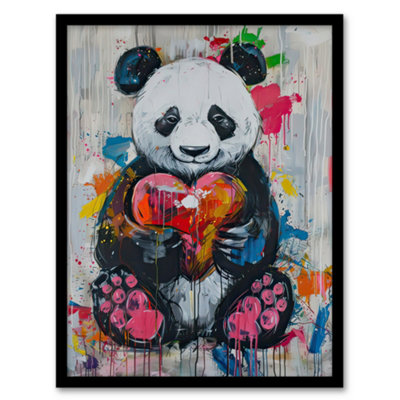 Artery8 Framed Wall Art Cute Panda With Loveheart Street Art Graffiti Pop Print12X16 Inch from B&Q