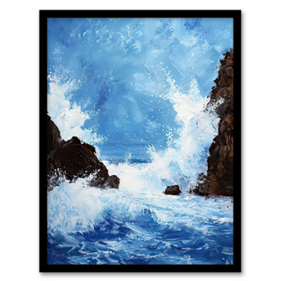 Artery8 Framed Wall Art Waves Crashing Rocks Sea Spray Oil Painting Print12X16 Inch from B&Q