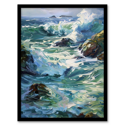 Artery8 Framed Wall Art Sea Spray Waves Crashing On Rocks Oil Painting Print12X16 Inch from B&Q