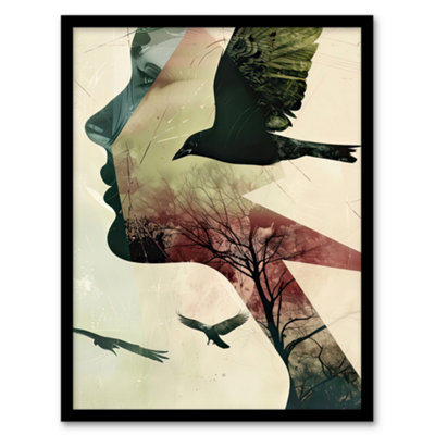 Artery8 Framed Wall Art Abstract Woman Profile Portrait Crows Trees Dark Print12X16 Inch from B&Q