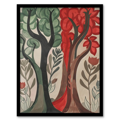 Artery8 Framed Wall Art Two Trees Wildflower Forest Painting Folk Art Print12X16 Inch from B&Q