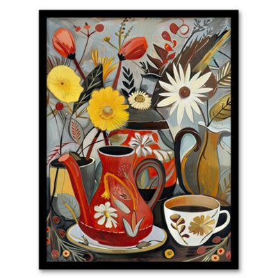 Artery8 Framed Wall Art Coffee Pot Cup Wildflower Bouquet Vase Painting Print12X16 Inch from B&Q