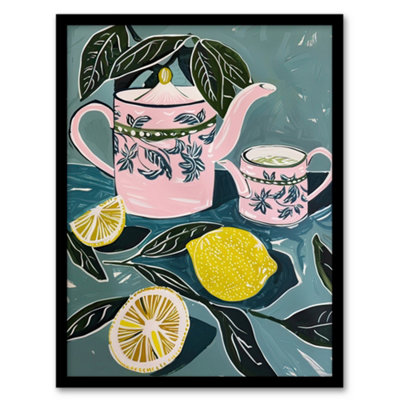 Artery8 Framed Wall Art Pink Teapot Teacup Lemons Painting Herbal Quirky Print12X16 Inch from B&Q