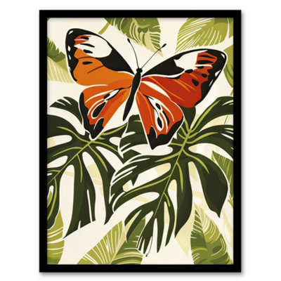 Artery8 Framed Wall Art Orange Monarch Butterfly On Monstera Plant Design Print12X16 Inch from B&Q