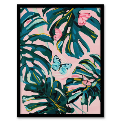 Artery8 Framed Wall Art Pastel Butterflies Monstera Plant Painting Pink Print12X16 Inch from B&Q