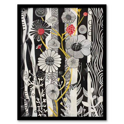 Artery8 Framed Wall Art Black And White Stripes Abstract Wildflower Garden Print12X16 Inch from B&Q