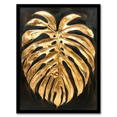 Artery8 Framed Wall Art Plant Lover Golden Monstera Leaf Dark Painting Print12X16 Inch from B&Q