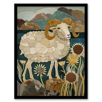 Artery8 Framed Wall Art Rocky Mountain Bighorn Sheep Mosaic Floral Print12X16 Inch