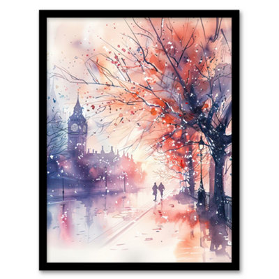 B&Q -  Framed Wall Art Lovers Walk London Big Ben Autumn Watercolour Print12X16 Inch