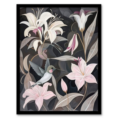 Artery8 Framed Wall Art Lily Flowers And Hummingbird Stylised Painting Print12X16 Inch from B&Q