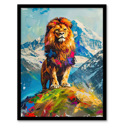 Artery8 Framed Wall Art Colourful Lion Nature Animal Lover Mountain King Print12X16 Inch from B&Q