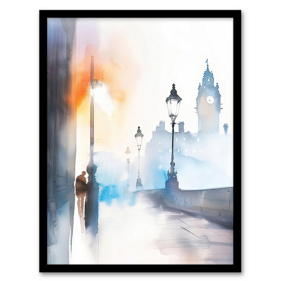 Artery8 Framed Wall Art Misty Edinburgh Sunrise Bright Watercolour Print12X16 Inch from B&Q