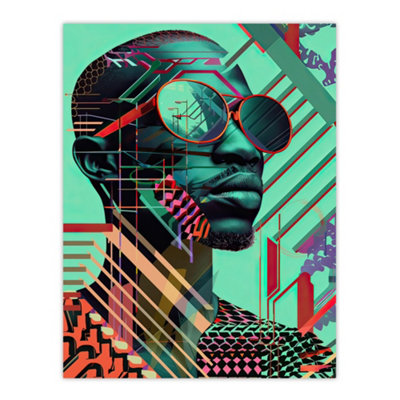 Artery8 Unframed Wall Art Futuristic African Man Shades Portrait Teal Bold12X16 Inch from B&Q