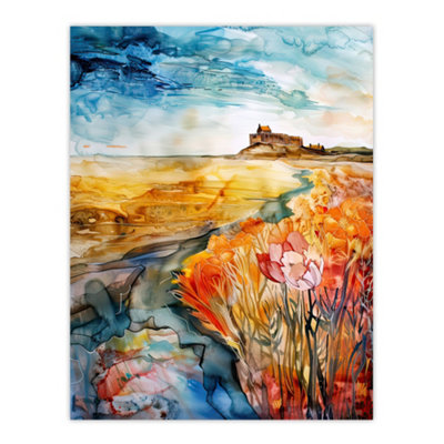 Artery8 Unframed Wall Art Colourful Watercolour Bamburgh Castle View Floral12X16 Inch from B&Q