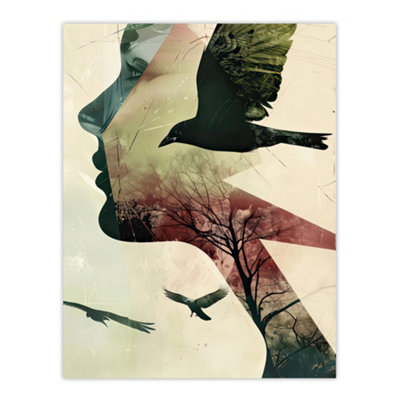 Artery8 Unframed Wall Art Abstract Woman Profile Portrait Crows Trees Dark12X16 Inch from B&Q