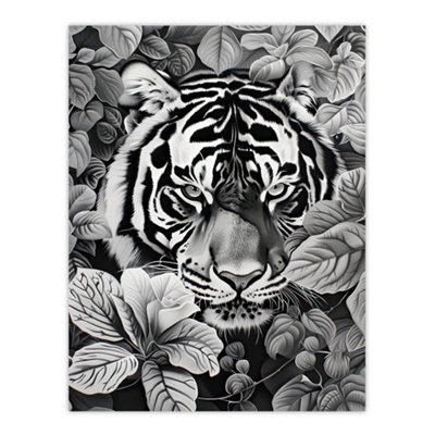 B&Q -  Unframed Wall Art Black White Tiger Jungle Botanical Portrait12X16 Inch