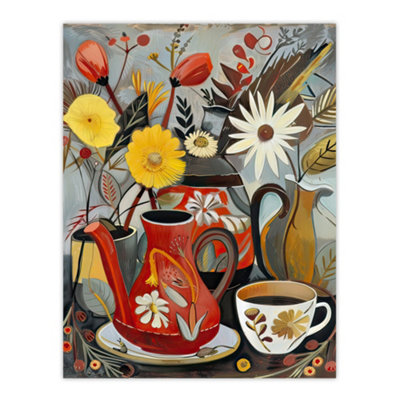 Artery8 Unframed Wall Art Coffee Pot Cup Wildflower Bouquet Vase Painting12X16 Inch from B&Q