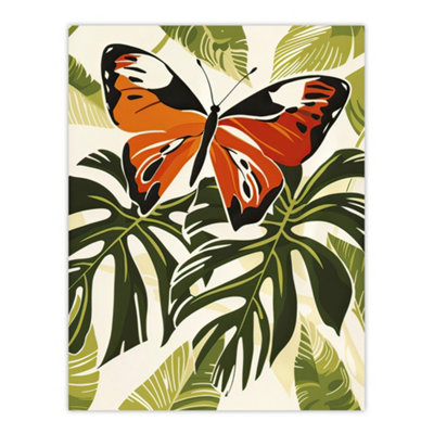 Artery8 Unframed Wall Art Orange Monarch Butterfly On Monstera Plant Design12X16 Inch from B&Q