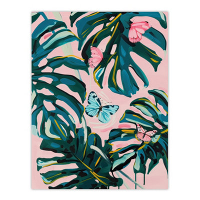 Artery8 Unframed Wall Art Pastel Butterflies Monstera Plant Painting Pink12X16 Inch from B&Q