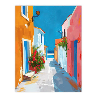 Artery8 Unframed Wall Art Greek Coastal Village Street Painting Calm Sunny12X16 Inch from B&Q