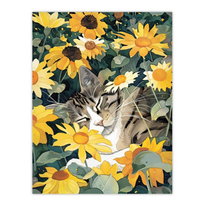 Artery8 Unframed Wall Art Tabby Cat Lover Asleep In Wildflower Garden12X16 Inch from B&Q
