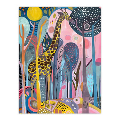 Artery8 Unframed Wall Art Quirky Giraffe Folk Art Colourful Trees Painting12X16 Inch from B&Q