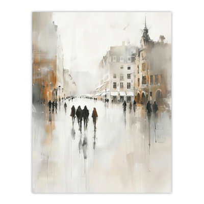 B&Q -  Unframed Wall Art Rainy Day In The City Painting Grey Cityscape12X16 Inch