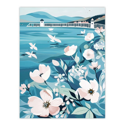Artery8 Unframed Wall Art Coastal Scottish Pier Seagulls Floral Painting12X16 Inch from B&Q