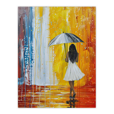 B&Q -  Unframed Wall Art Woman With Umbrella In Rainbow Rain Modern12X16 Inch