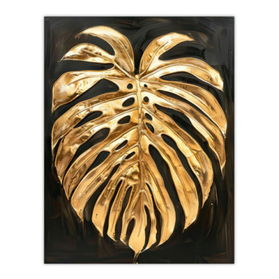 Artery8 Unframed Wall Art Plant Lover Golden Monstera Leaf Dark Painting12X16 Inch from B&Q