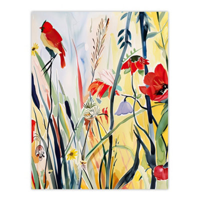 Artery8 Unframed Wall Art Northen Cardinal Bird Watercolour Spring Flowers12X16 Inch from B&Q