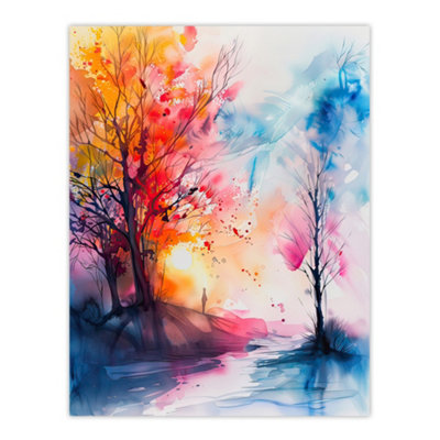 Artery8 Unframed Wall Art Autumn Forest Sunrise Dream Watercolour Painting12X16 Inch from B&Q