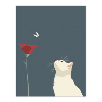 Artery8 Unframed Wall Art Tulip Flower And Butterfly White Cat Lover Design12X16 Inch from B&Q