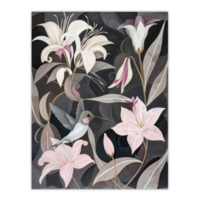Artery8 Unframed Wall Art Lily Flowers And Hummingbird Stylised Painting12X16 Inch from B&Q