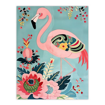 B&Q -  Unframed Wall Art Flamingo Exotic Flowers Pattern Vintage Style12X16 Inch