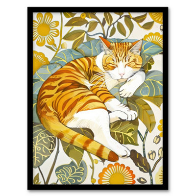 Artery8 Framed Wall Art Sleeping Orange Tabby Cat Lover Bright Floral Print12X16 Inch from B&Q