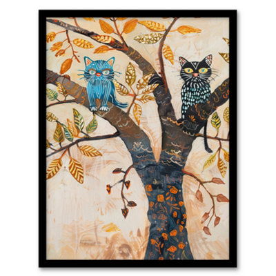 Artery8 Two Kittens On An Autumn Tree Folk Art Cat Lover Wall Art PrintA4 Size from B&Q