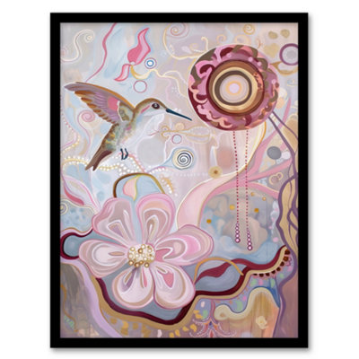 Artery8 Framed Wall Art Folk Art Hummingbird With Pink Abstract Flowers Print12X16 Inch from B&Q