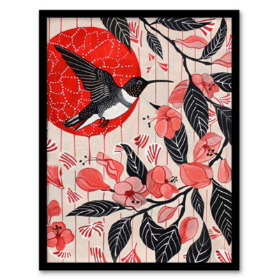 Artery8 Hummingbird And Cherry Blossoms Folk Art Painting Wall Art PrintA4 Size from B&Q