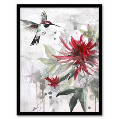 Artery8 Framed Wall Art Hummingbird Red Monarda Flowers Watercolour Print12X16 Inch from B&Q