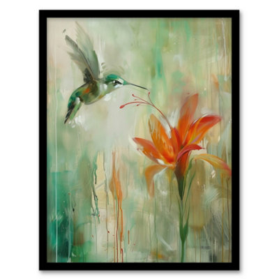 Artery8 Framed Wall Art Daylily Flower Hummingbird Orange Green Painting Print12X16 Inch from B&Q