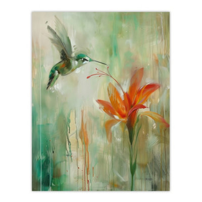 Artery8 Unframed Wall Art Daylily Flower Hummingbird Orange Green Painting12X16 Inch from B&Q