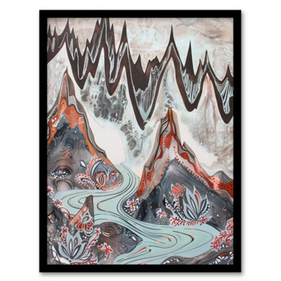 Artery8 Framed Wall Art Spiky Mountains River Trippy Floral Folk Art Print12X16 Inch from B&Q