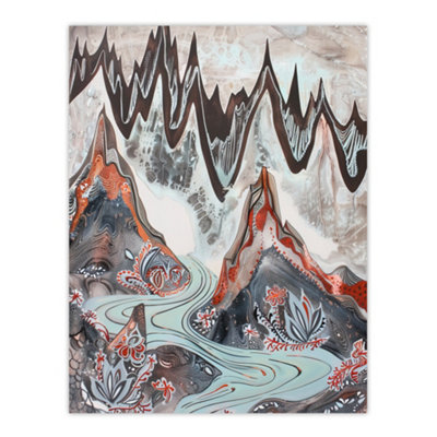 Artery8 Unframed Wall Art Spiky Mountains River Trippy Floral Folk - 12X16 Inch