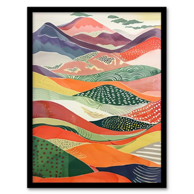 Artery8 Colourful Countryside Hills Folk Art Landscape Wall Art PrintA4 Size from B&Q
