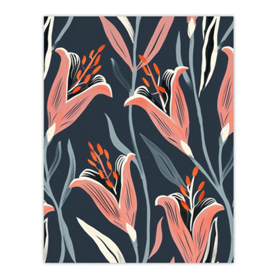 Artery8 Pink Unframed Wall Art Lily Flower Pattern Stylised Floral Design - 12X16 Inch