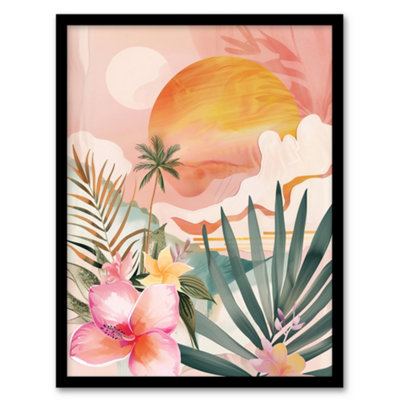 B&Q -  Framed Wall Art Tropical Pink Beach Sunset Palm Orchids Abstract Print12X16 Inch