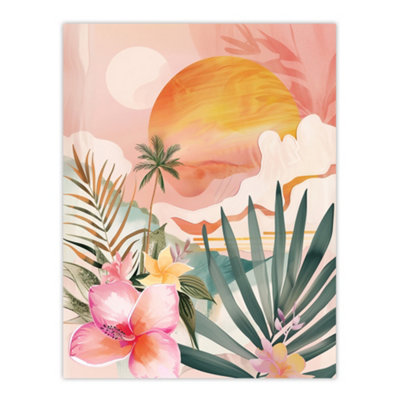 B&Q -  Unframed Wall Art Tropical Pink Beach Sunset Palm Orchids Abstract12X16 Inch